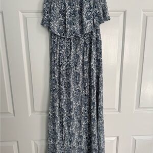 Strapless Blue and White Paisley Maxi Dress